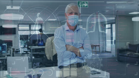 Animation-of-digital-interface-showing-medical-data-with-colleagues-in-office-wearing-face-masks