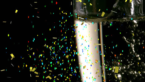 Animation-of-multi-coloured-confetti-falling-against-champagne-flute