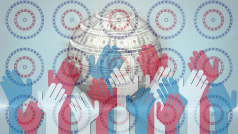 Globe-made-of-american-dollars-and-multiple-hands-icon-against-stars-on-spinning-circles