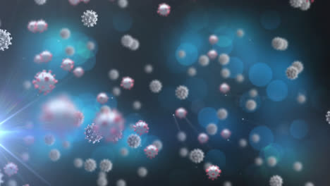 Animation-Von-Covid-19-Zellen,-Die-über-Mehreren-Lichtpunkten-Auf-Blauem-Hintergrund-Schweben