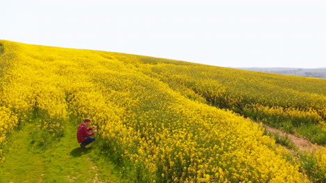 Redhead-man-crouching-in-mustard-field-4k