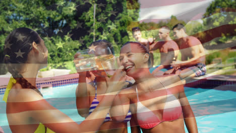 Group-of-friends-celebrating-in-the-pool-and-an-American-flag-for-fourth-of-July.