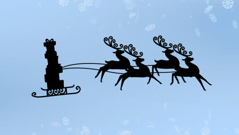 Animation-of-black-silhouette-of-stack-of-presents-on-sleigh-being-pulled-by-reindeer-with-snow-fall