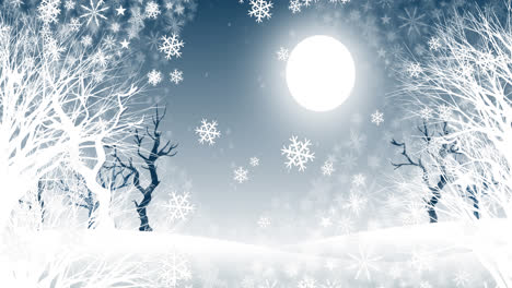 Digital-animation-of-snowflakes-falling-over-winter-landscape-and-moon-in-the-sky