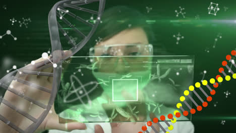 Animation-of-scientist-wearing-protective-face-mask-,-DNA-strand-spinning.-