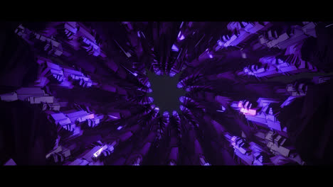 Animation-of-kaleidoscope-of-3d-purple-shapes-rotating-on-black-background