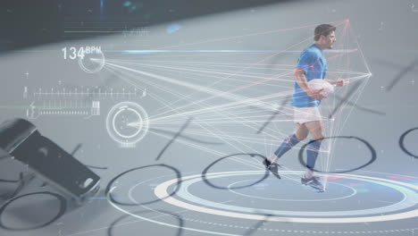 Animation-of-rugby-player-running-in-place-with-a-simulator-measuring-his-movements-and-his-heartbea