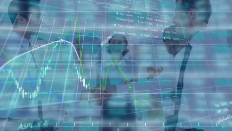 Animation-of-stock-market-display-over-businessmen-shaking-hands-on-background