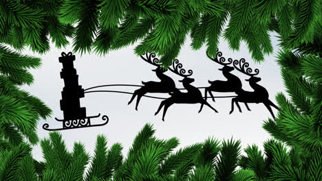 Digitale-Animation-Von-Blättern,-Die-Einen-Rahmen-Vor-Der-Schwarzen-Silhouette-Von-Weihnachtsgeschenken-Im-Schlitten-Bilden