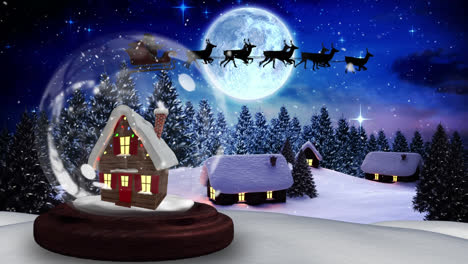 Digital-animation-of-snow-falling-over-house-in-snow-globe-against-black-silhouette-of-santa-claus