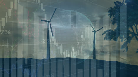 Animation-of-wind-turbines-moving-at-sunset-and-stock-exchange-graph-increasing-and-decreasing