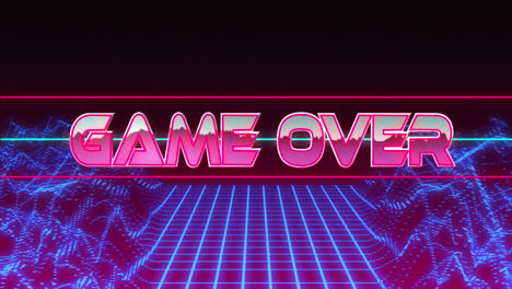 Game-Over-In-Pink-Metallic-Auf-Schwarzem-Hintergrund-Mit-Blauem-Verzerrungsgitter-Geschrieben