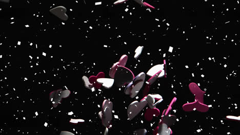 Animation-of-multiple-hearts-and-confetti-falling-over-black-background