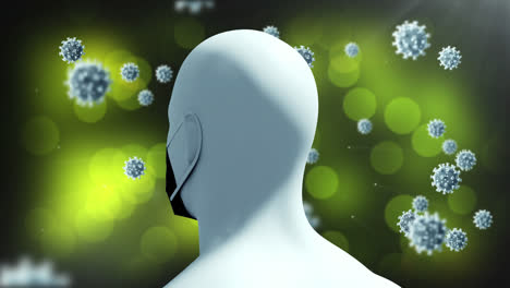 Animation-of-multiple-covid-19-cells-floating-around-human-head-with-face-mask-on-green-background