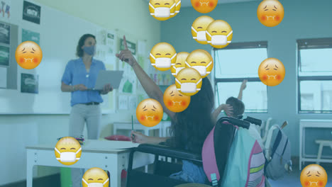 Multiple-face-mask-and-sick-face-emojis-falling-against-female-teacher-teaching-in-class