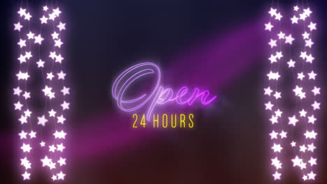 Open-24-hours-sign-in-purple-and-yellow-neon-with-fairy-lights
