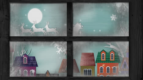 Animation-Der-Weißen-Silhouette-Des-Weihnachtsmanns-Im-Schlitten,-Der-Von-Rentieren-Gezogen-Wird,-Mit-Winterlandschaft-