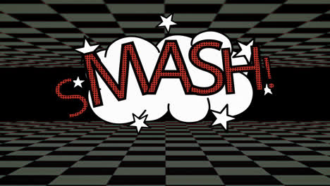 Smash-written-on-cartoon-explosion-on-black-background-black-and-grey-checkerboard-moving-top-and-bo