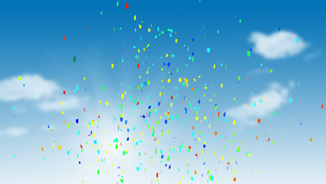 Animation-of-multi-coloured-confetti-falling-against-blue-sky
