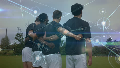 Rugby-players-holding-each-other-with-network-connection-lines