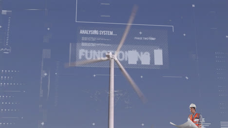 Animation-Einer-Sich-Drehenden-Windturbine,-Männlicher-Ingenieur-Liest-Pläne,-Datenverarbeitung-Und-Statistikaufzeichnung