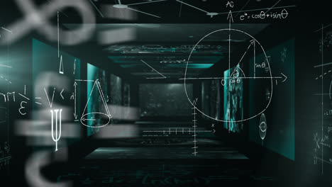 Animation-of-mathematical-formulae-over-a-tunnel-of-mathematical-equations-floating-on-walls