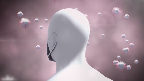 Animation-Von-Covid-19-Zellen,-Die-über-Einem-Sich-Drehenden-Menschlichen-Kopf-Mit-Gesichtsmaske-Und-Flackernden-Lichtern-Schweben