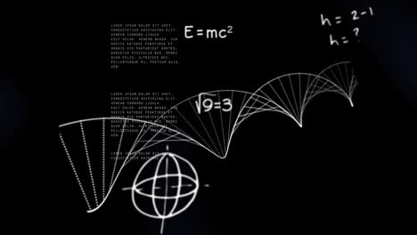 Animación-Digital-De-Símbolos-Matemáticos-Y-Ecuaciones-Flotando-Contra-La-Estructura-Del-ADN-Girando-Y-