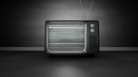 Zoom-animation-into-old-retro-TV-fuzz-blur-against-black-wall-background