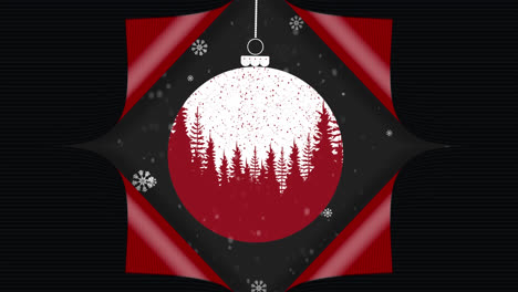 Digital-animation-of-paper-tear-revealing-christmas-bauble-against-snowflakes-falling-on-black-backg