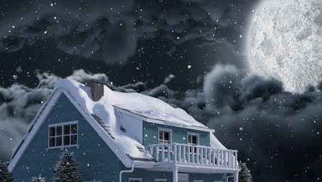 Composición-De-Video-Con-Nieve-Durante-La-Noche,-Paisaje-Invernal-Con-Casa