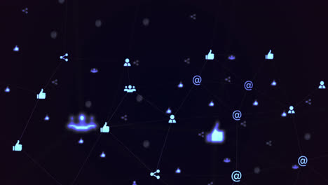 Animation-of-digital-interface-and-network-connections-with--purple-social-networking-icons-on-black