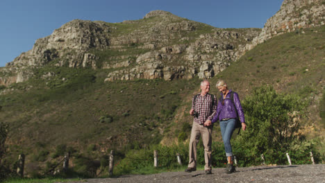 Active-senior-couple-walking-on-mountains