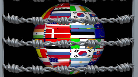 Barbed-wires-against-globe-made-of-multiple-national-flags-spinning