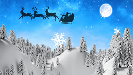 Digitale-Animation-Von-Schneeflocken,-Die-über-Die-Schwarze-Silhouette-Des-Weihnachtsmanns-Im-Schlitten-Fallen