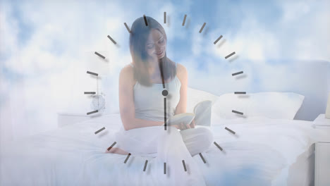 Animation-of-a-woman-sitting-on-a-bed-over-a-clock-ticking-and-clouds-floating-in-the-background.-