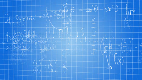 Animation-of-mathematical-formulae-with-data-processing-and-information-flowing-on-blue-background