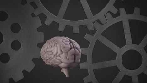Animation-Eines-Rotierenden-Menschlichen-Gehirns-über-Rotierenden-Metallischen-Zahnrädern-Auf-Grauem-Hintergrund