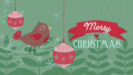 Animation-of-Merry-Christmas-words-with-a-bird-on-a-branche-and-snowflakes-falling-