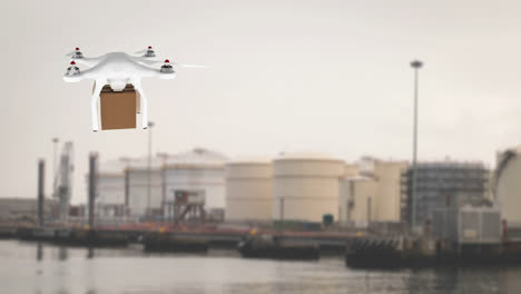 Drone-carrying-a-box-in-a-port