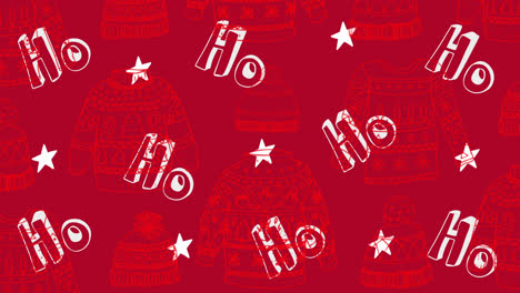 Animation-of-ho,-ho,-ho-text,-stars-and-christmas-pattern-jumpers-and-hats