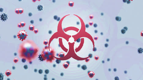 Animation-Eines-Roten-Gefahrenzeichens-Mit-Schwebenden-Makro-Covid-19-Zellen-Auf-Blauem-Hintergrund