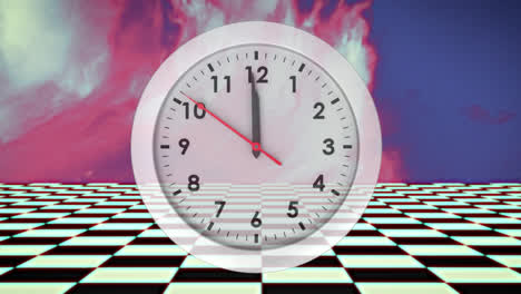 Reloj-Analógico-Blanco-Que-Muestra-12-Sobre-Un-Desenfoque-Colorido-Con-Cuadrados-De-Tablero-De-Ajedrez-En-Movimiento-Debajo