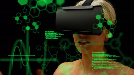 Wissenschaftliche-Daten-Mit-Einer-Frau,-Die-Im-Hintergrund-Ein-VR-Headset-Trägt