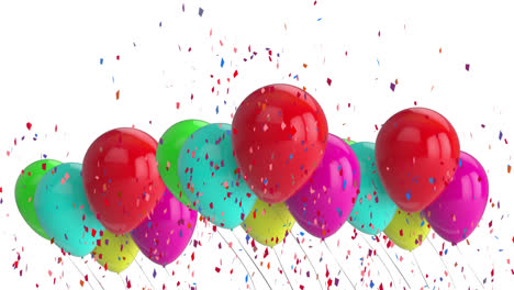 Animation-of-multi-coloured-confetti-and-balloons-over-white-background