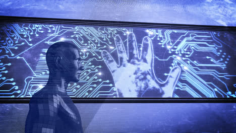 Human-model-outdoors-in-front-of-display-showing-glowing-circuit-board-and-hand