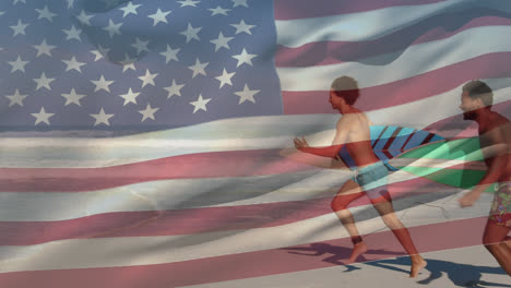 Multi-races-friends-doing-surf-with-US-flag-waving-foreground