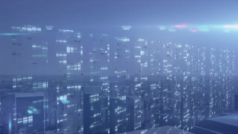 Animation-of-cityscape-with-light-trails-flashing-on-surface.