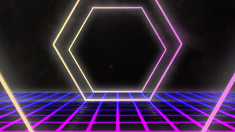 Pink-and-white-hexagon-outlines-with-blue-and-pink-grid-moving-below-on-black-background