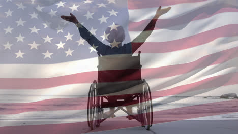 Disabled-old-woman-opening-arms-with-US-flag-waving-foreground